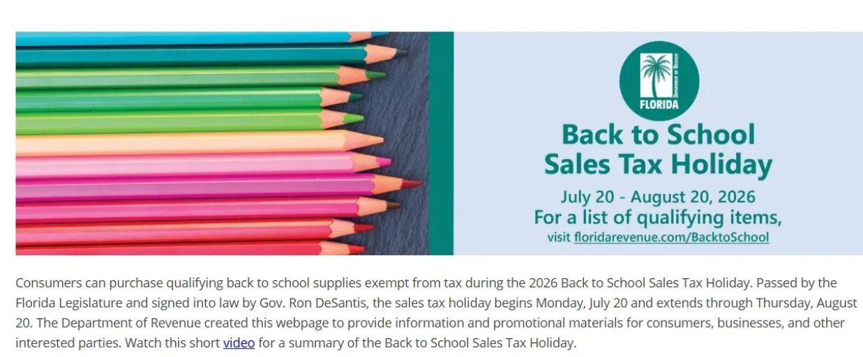 Back to School Sales Tax Holiday July 20 - August 20, 2026